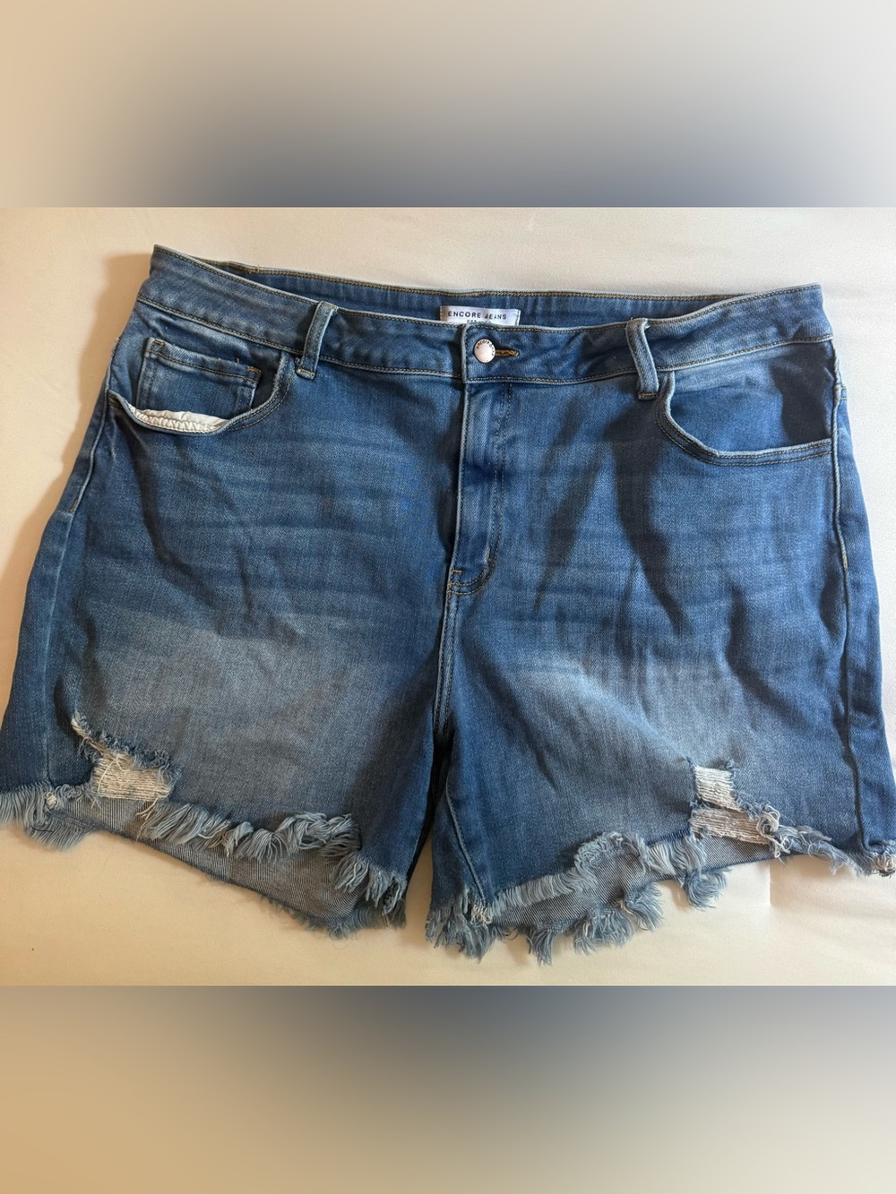Encore Jeans Medium Blue Distressed Denim Cutoff Shorts